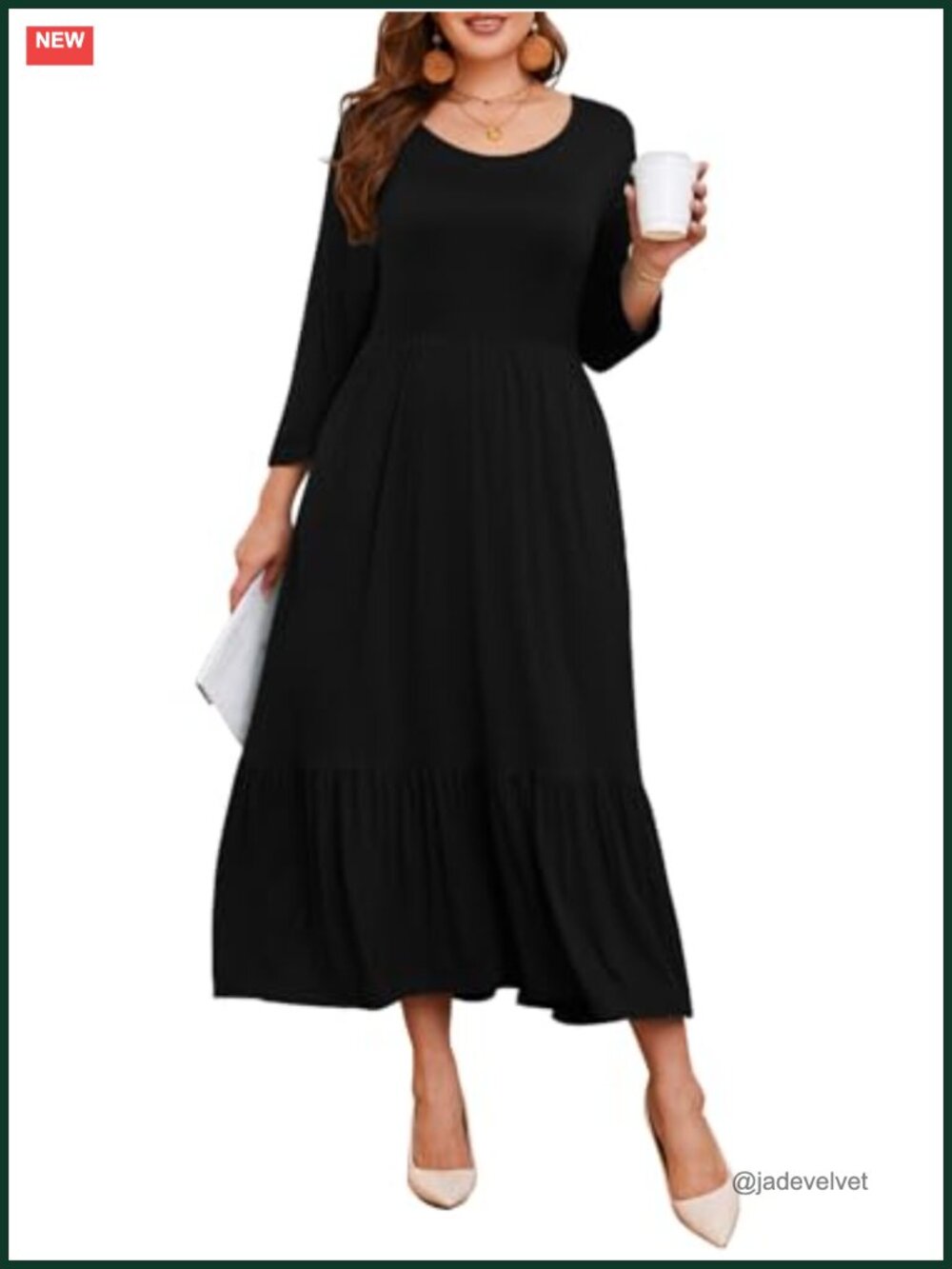 Plus Size Maxi Dress with Pockets, 3/4 Sleeve, Rayon Spandex